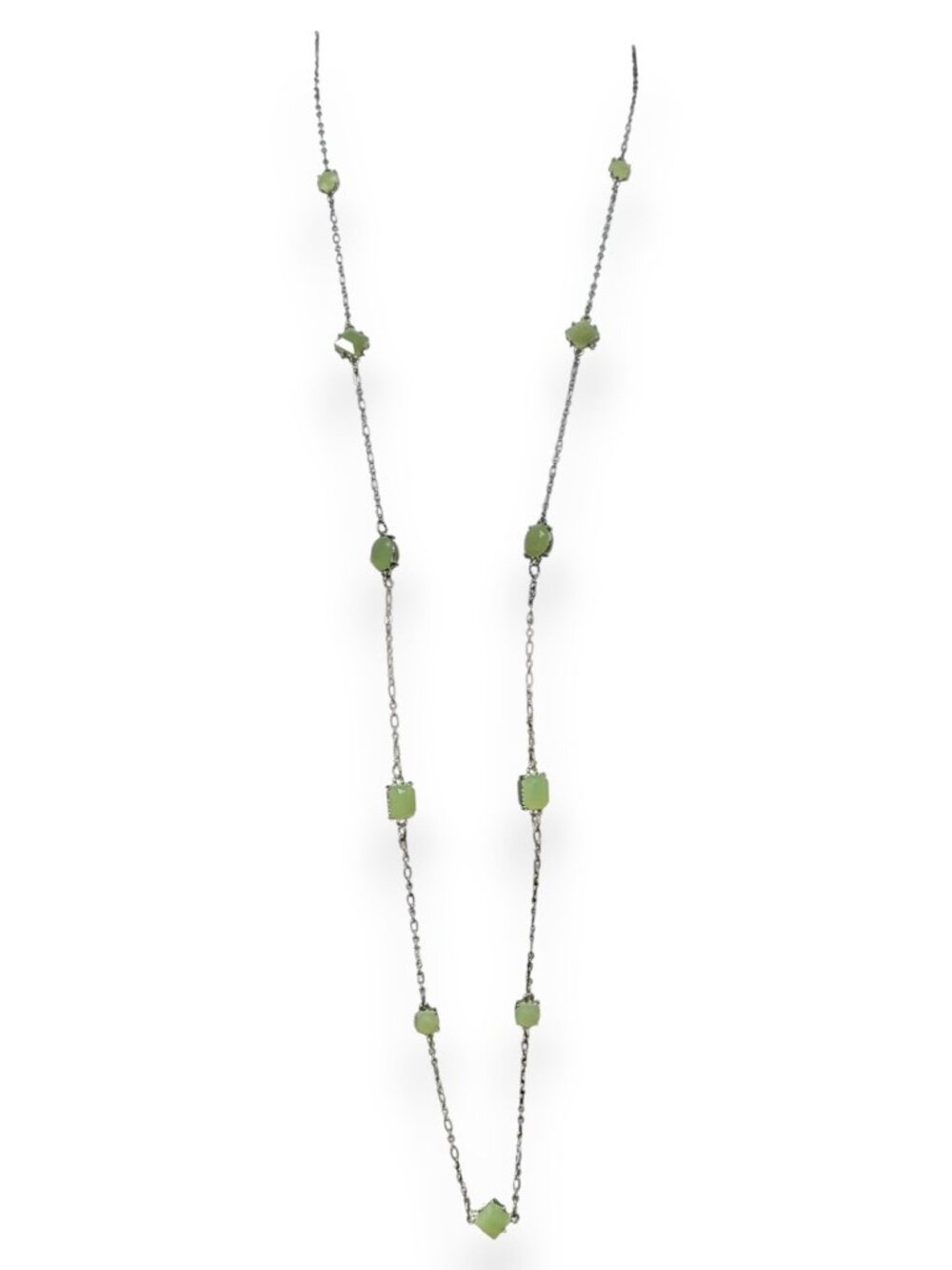 Charming Charlie Ethereal Glass Green Silver Tone Station Necklace 38 Inch